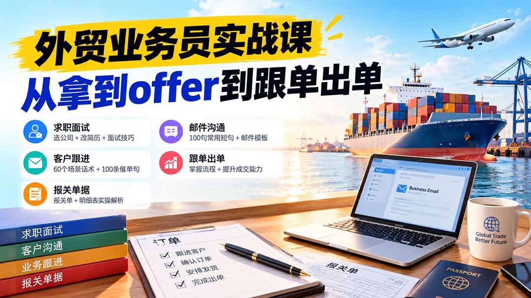 外贸业务员从求职到出单实战课：教你筛选优质公司、优化简历、应对面试、客户跟进催单及出口报关操作篇-优优云创网
