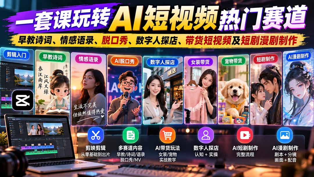 一套课玩转AI短视频热门赛道：早教诗词、情感语录、脱口秀、数字人探店、带货短视频及短剧漫剧制作 复制标题-优优云创网