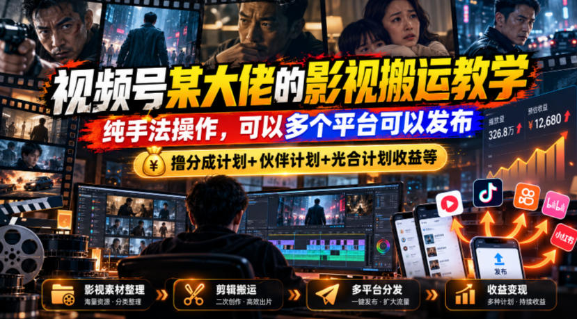 视频号某大佬的影视搬运教学，纯手法操作，可以多个平台可以发布，撸分成计划+伙伴计划+光合计划收益等-优优云创网