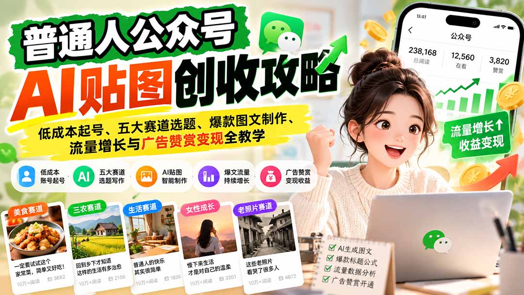 普通人公众号AI贴图创收攻略：低成本起号、五大赛道选题、爆款图文制作、流量增长与广告赞赏变现全教学-优优云创网