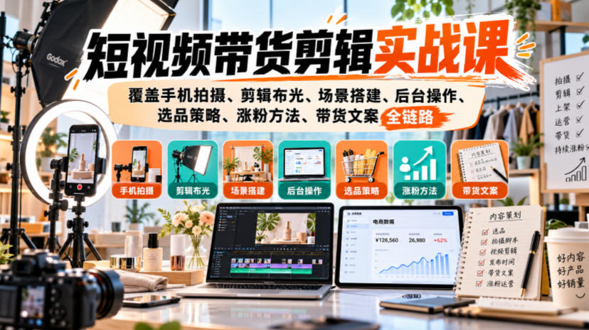 短视频带货剪辑实战课，覆盖手机拍摄、剪辑布光、场景搭建、后台操作、选品策略、涨粉方法、带货文案全链路-优优云创网