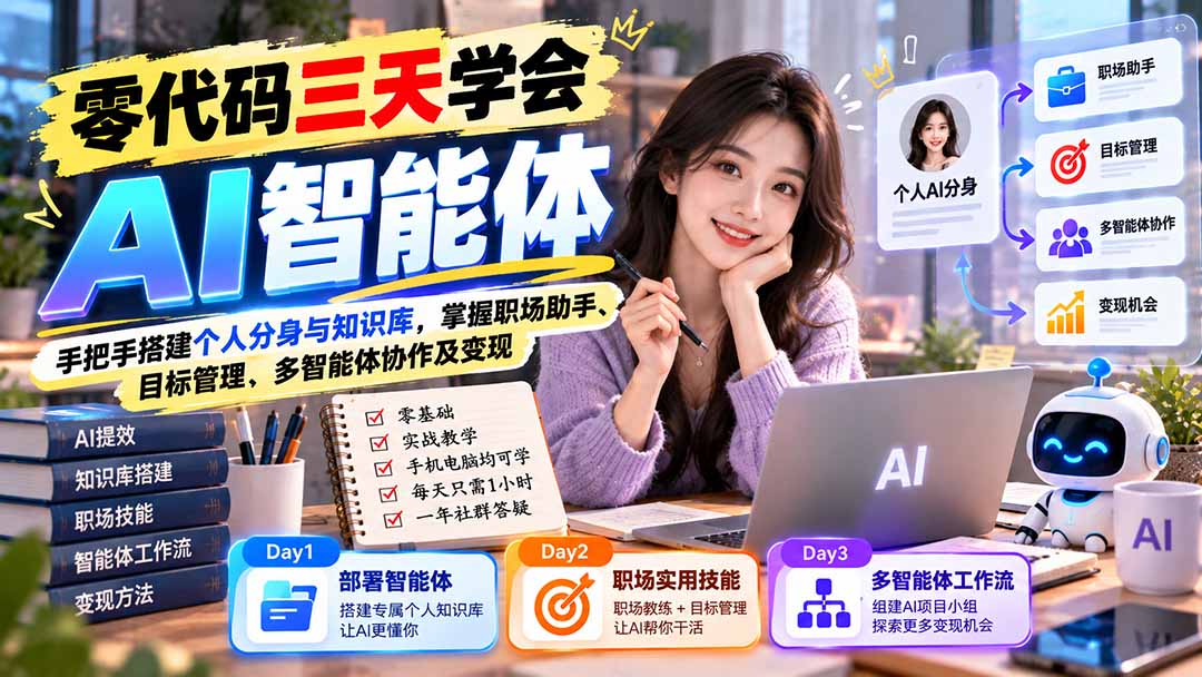 【无水印】零代码三天学会AI智能体：手把手搭建个人分身与知识库，掌握职场助手、目标管理、多智能体协作及变现-优优云创网
