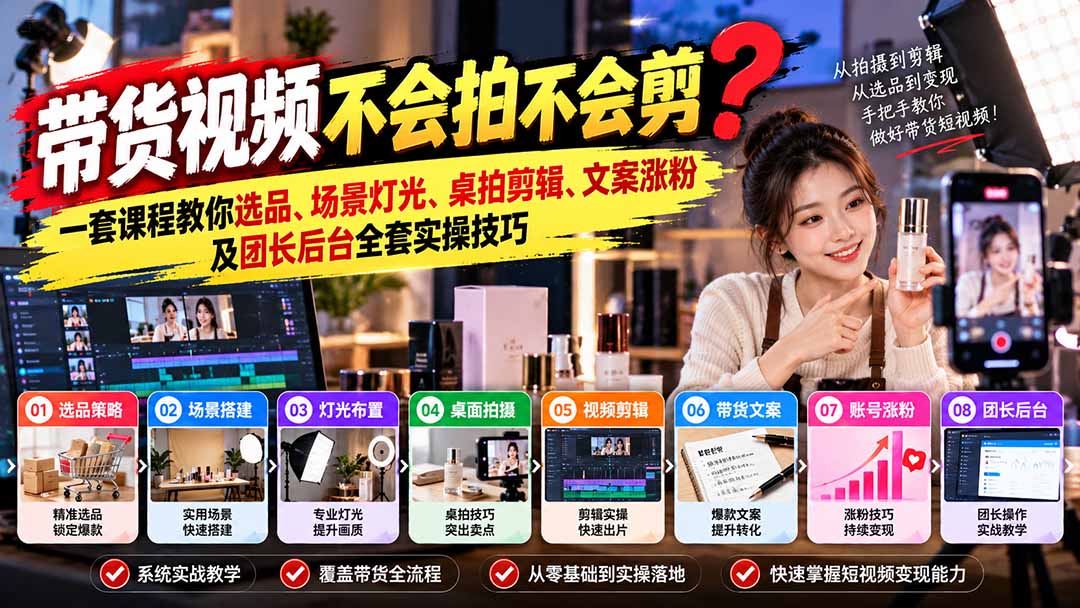 带货视频不会拍不会剪？一套课程教你选品、场景灯光、桌拍剪辑、文案涨粉及团长后台全套实操技巧 复制标题-优优云创网
