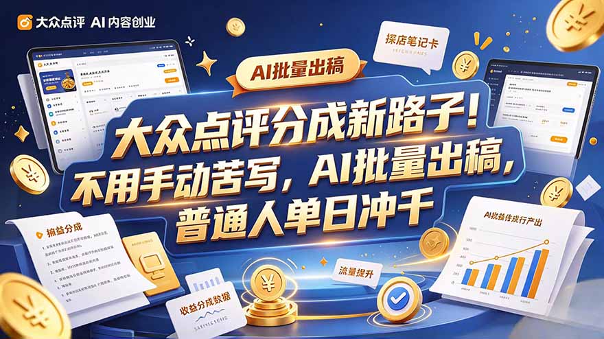 大众点评副业新玩法，工具提效解放双手，批量做笔记，单日可破千-优优云创网