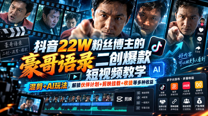 抖音22W粉丝博主的豪哥语录二创爆款短视频教学，混剪+AI玩法，解锁伙伴计划+剪映挂载+收徒等多种收益-优优云创网