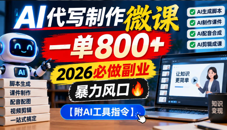 AI代写制作微课，一单800+，2026必做副业，暴力风口【附AI工具指令】【揭秘】-优优云创网