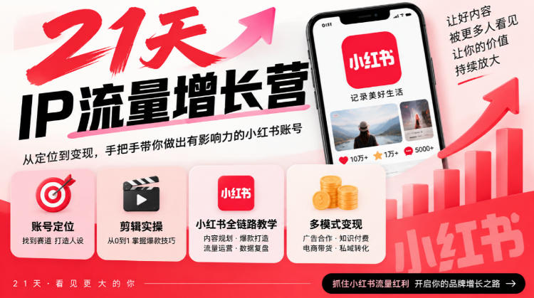 21天IP流量增长营，小红书全链路教学，账号定位剪辑实操，多模式变现系统课-优优云创网