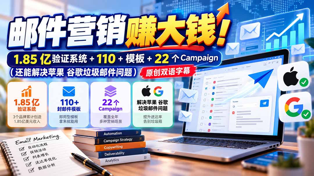 邮件营销赚大钱！1.85亿验证系统+110+模板+22个Campaign(还能解决苹果 谷歌垃圾邮件问题-优优云创网
