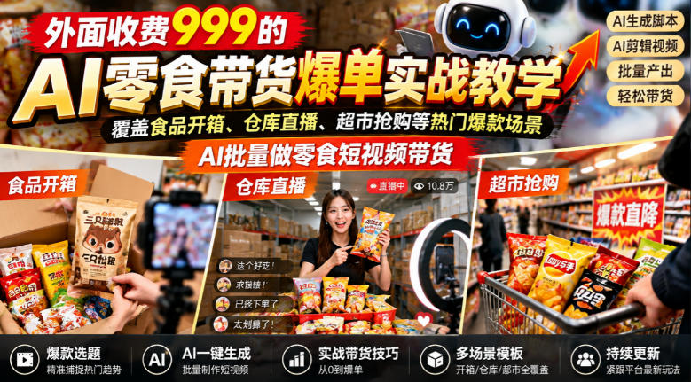 外面收费999的AI零食带货爆单实战教学，覆盖食品开箱、仓库直播、超市抢购等热门爆款场景，AI批量做零食短视频带货-优优云创网
