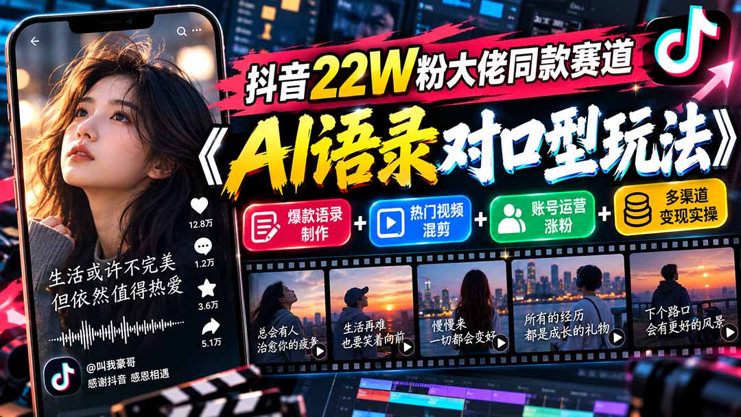 抖音22W粉大佬同款赛道《AI语录对口型玩法》：爆款语录制作+热门视频混剪+账号运营涨粉+多渠道变现实操-优优云创网
