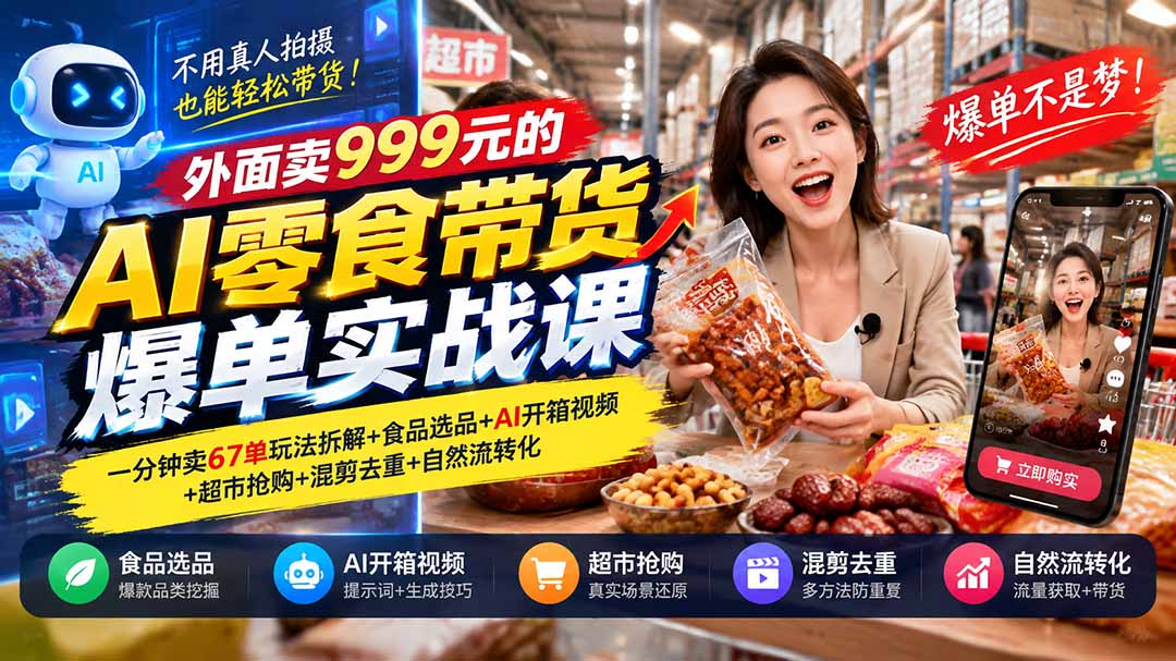 外面卖999元的AI零食带货爆单实战课|一分钟卖67单玩法拆解+食品选品+AI开箱视频+超市抢购+混剪去重+自然流转化-优优云创网
