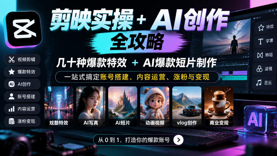 剪映实操+AI创作全攻略|几十种爆款特效+AI爆款短片制作,一站式搞定账号搭建、内容运营、涨粉与变现-优优云创网