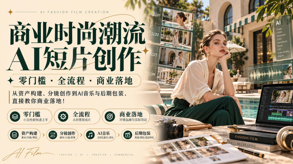 商业时尚潮流AI短片创作|零门槛・全流程・商业落地,从资产构建、分镜创作到AI音乐与后期包装,直接教你商业落地!-优优云创网