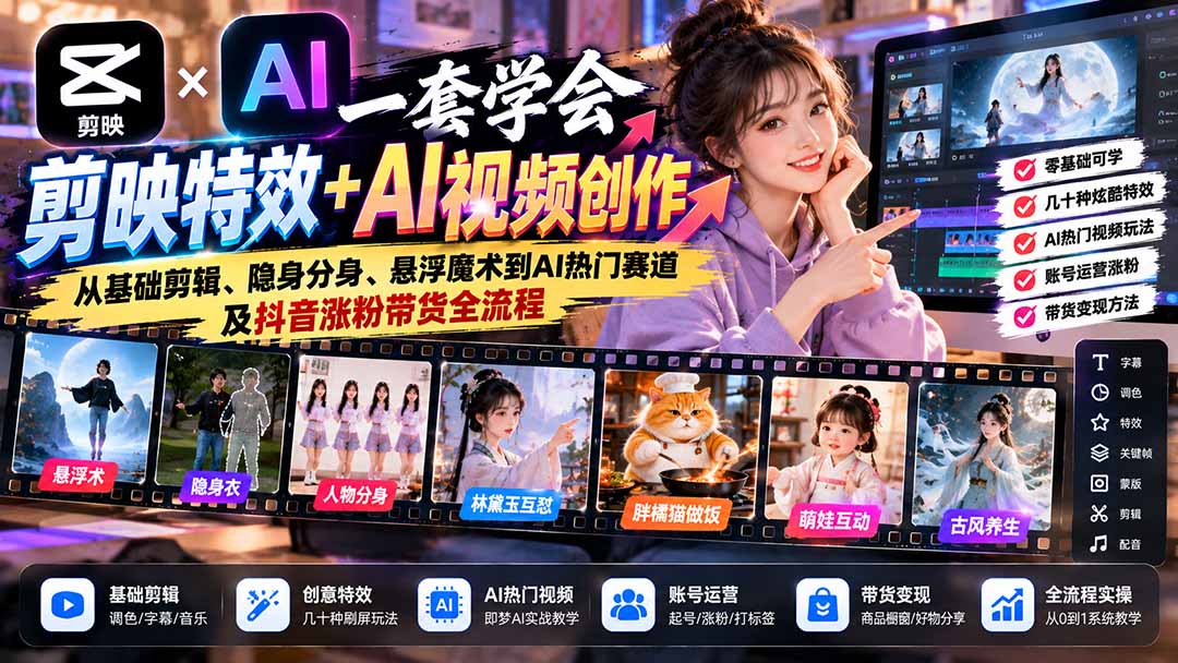 一套学会剪映特效+AI视频创作:从基础剪辑、隐身分身、悬浮魔术到AI热门赛道及抖音涨粉带货全流程-优优云创网