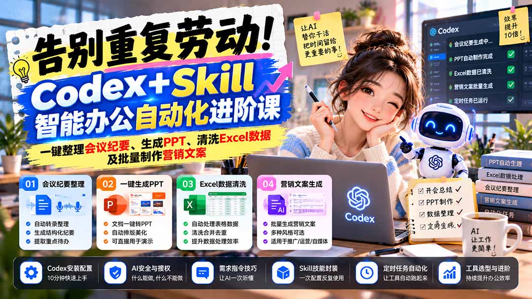 告别重复劳动！Codex+Skill智能办公自动化进阶课：一键整理会议纪要、生成PPT、清洗Excel数据及批量制作营销文案-优优云创网