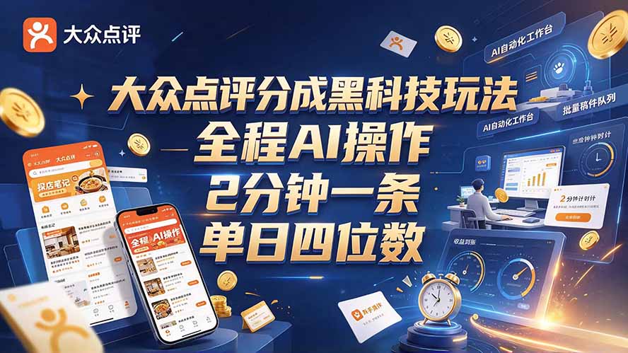 大众点评分成全网独家玩法，AI 全自动出内容，2 分钟一条，小白可冲单日四位数-优优云创网