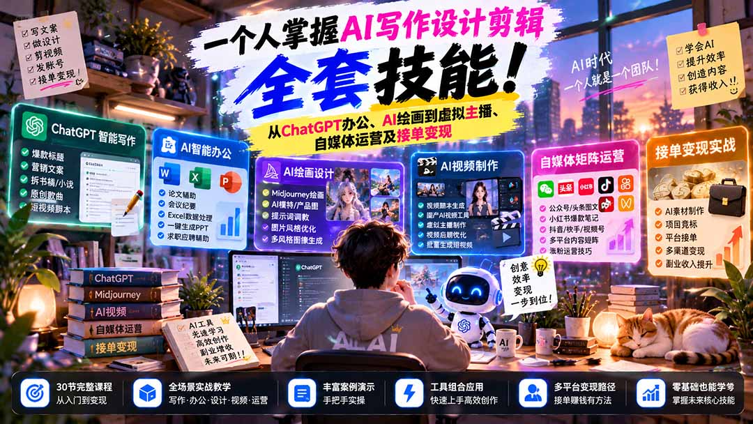 一个人掌握AI写作设计剪辑全套技能：从ChatGPT办公、AI绘画到虚拟主播、自媒体运营及接单变现-优优云创网
