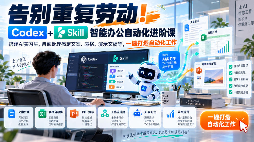 20261018140537253-e98b4d2ab1c46410242ff4ad5e012146 告别重复劳动!Codex+Skill智能办公自动化进阶课|搭建AI实习生,自动处理搞定文案、表格、演示文稿等,一键打造自动化工作