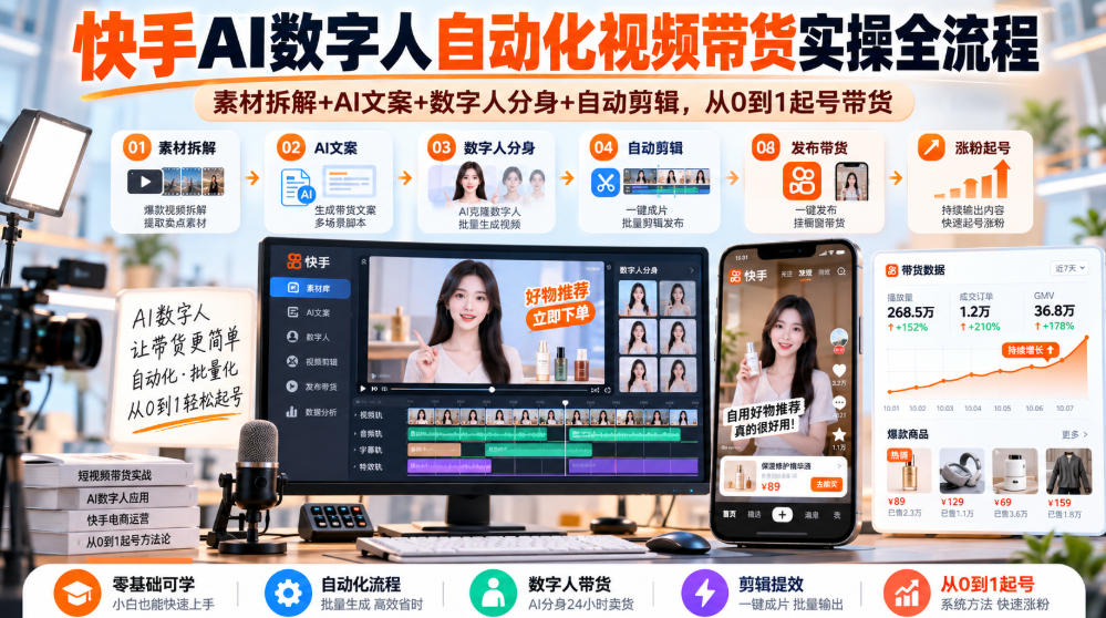 快手AI数字人自动化视频带货实操全流程｜素材拆解+AI文案+数字人分身+自动剪辑，从0到1起号带货(更新26年)-优优云创网