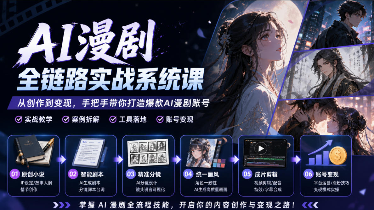 20261018162300259-69bf8f6d94ec04550b93f6e7371a8b1f AI漫剧全链路实战系统课|原创小说、智能剧本、精准分镜、统一画风、成片剪辑、账号变现实操教学(更新1018)
