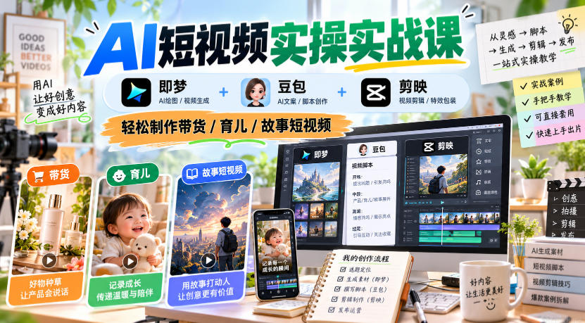 AI短视频实操实战课，即梦+豆包+剪映，轻松制作带货/育儿/故事短视频-优优云创网