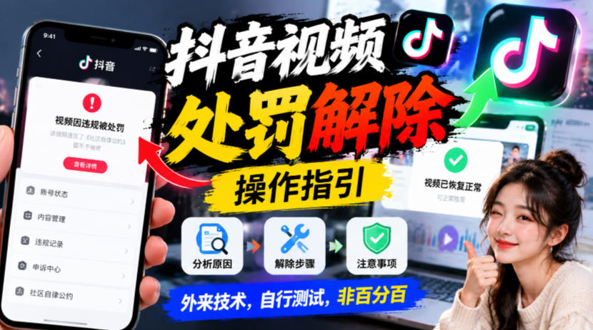 抖音视频处罚解除操作指引,外来技术,自行测试,非百分百-优优云创网