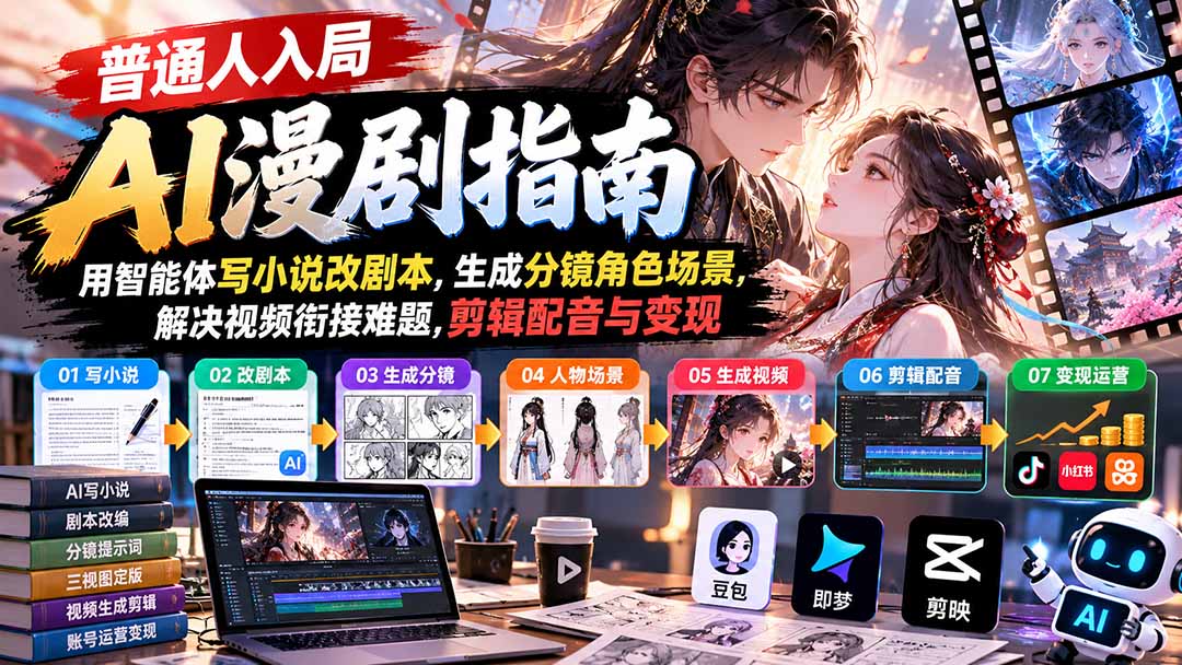 【无水印】普通人入局AI漫剧指南：用智能体写小说改剧本，生成分镜角色场景，解决视频衔接难题，剪辑配音与变现-优优云创网