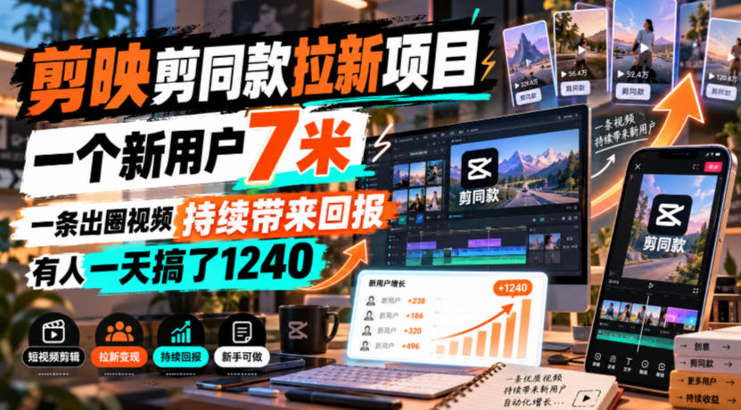 剪映剪同款拉新项目，一个新用户7米，一条出圈视频持续带来回报，有人一天搞了1240-优优云创网