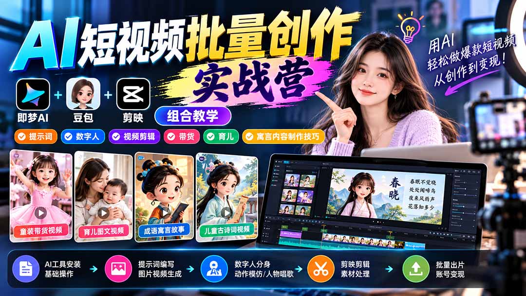 【无水印】AI短视频批量创作实战营:即梦+豆包+剪映组合教学,提示词/数字人/视频剪辑/带货/育儿/寓言内容制作技巧-优优云创网