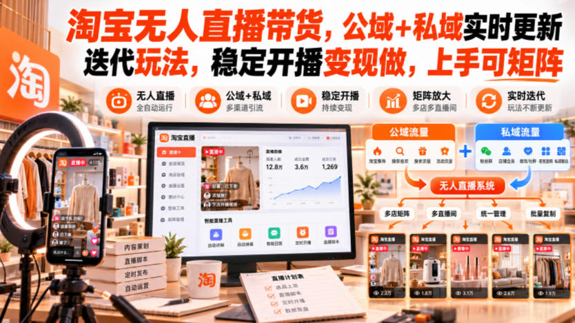 淘宝无人直播带货,公域+私域实时更新迭代玩法,稳定开播变现做,上手可矩阵【揭秘】-优优云创网