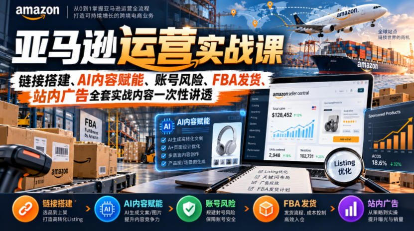 亚马逊运营实战课,链接搭建、AI内容赋能、账号风险、FBA发货、站内广告全套实战内容一次性讲透-优优云创网