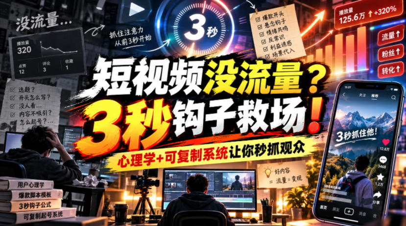 【无水印】短视频没流量?3秒钩子救场!心理学+可复制系统让你秒抓观众【原创双语字幕】-优优云创网