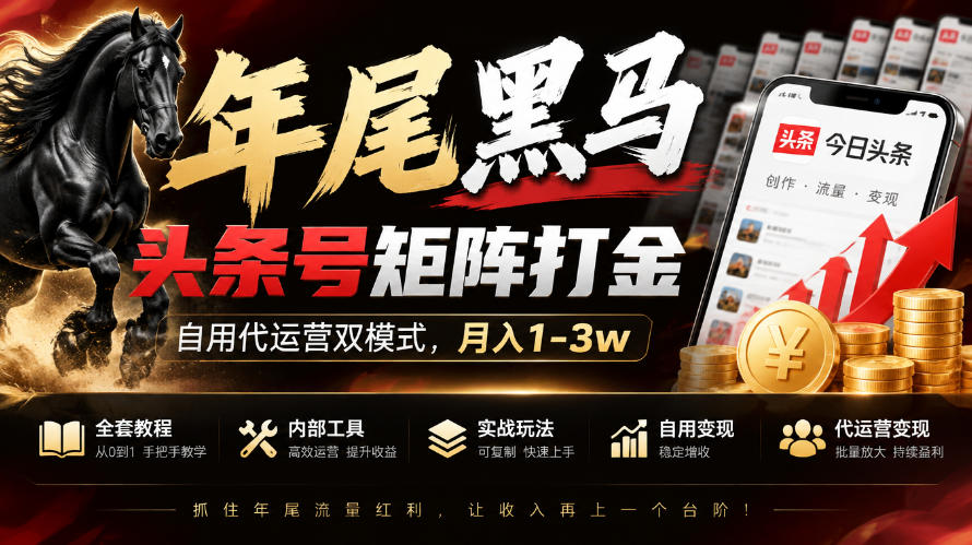 【年尾黑马】头条号矩阵打金,自用代运营双模式,月入1-3w,附全套教程及内部工具【揭秘】-优优云创网