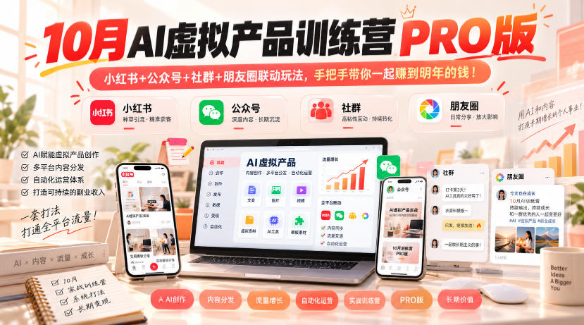 10月AI虚拟产品训练营PRO版，小红书+公众号+社群+朋友圈联动玩法，手把手带你一起赚到明年的钱！-优优云创网