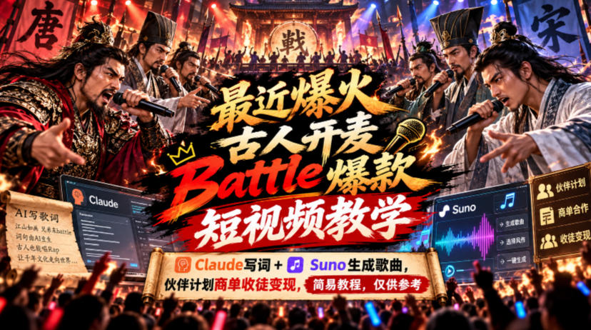 最近爆火古人开麦Battle爆款短视频教学，Claude写词+Suno生成歌曲，伙伴计划商单收徒变现，简易教程，仅供参考-优优云创网
