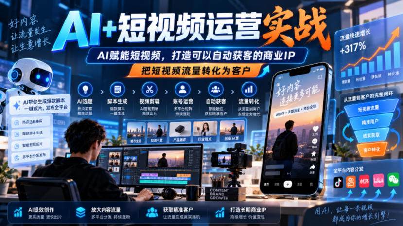 AI+短视频运营实战,AI赋能短视频,打造可以自动获客的商业IP,把短视频流量转化为客户-优优云创网