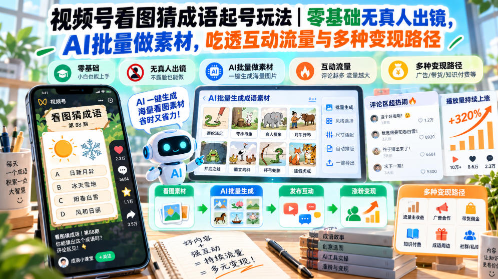 视频号看图猜成语起号玩法|零基础无真人出镜,AI批量做素材,吃透互动流量与多种变现路径-优优云创网