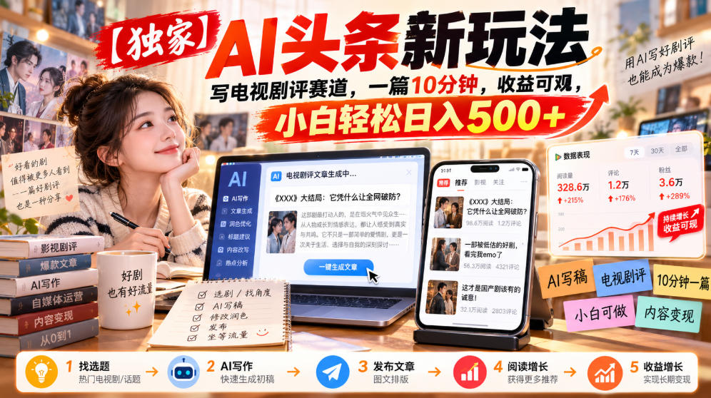 【独家】AI头条新玩法,写电视剧评赛道,一篇10分钟,收益可观,小白轻松日入500+-优优云创网