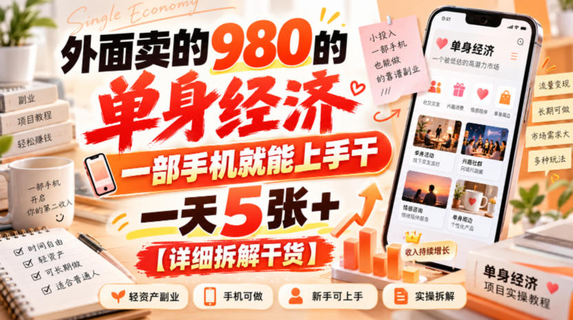外面卖的980的单身经济，一部手机就能上手干，一天5张+【详细拆解干货】-优优云创网