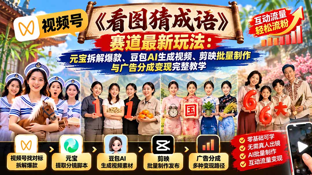 视频号《看图猜成语》赛道最新玩法:元宝拆解爆款、豆包AI生成视频、剪映批量制作与广告分成变现完整教学-优优云创网