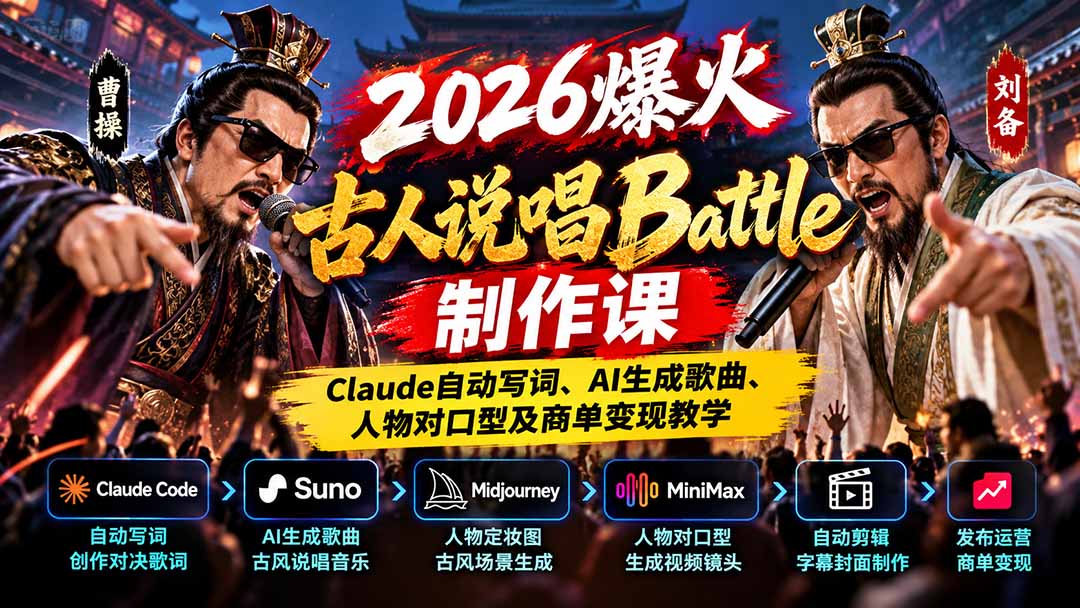 2026爆火古人说唱Battle制作课:Claude自动写词、AI生成歌曲、人物对口型及商单变现教学-优优云创网