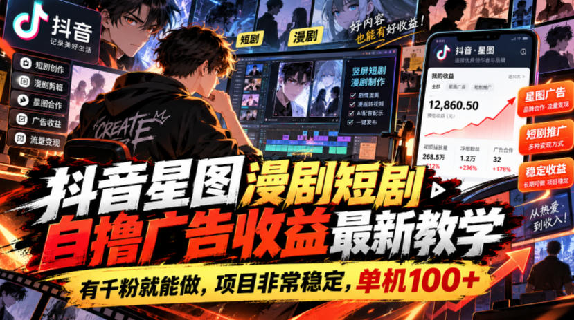 抖音星图漫剧短剧自撸广告收益最新教学，有千粉就能做，项目非常稳定，单机100+-优优云创网