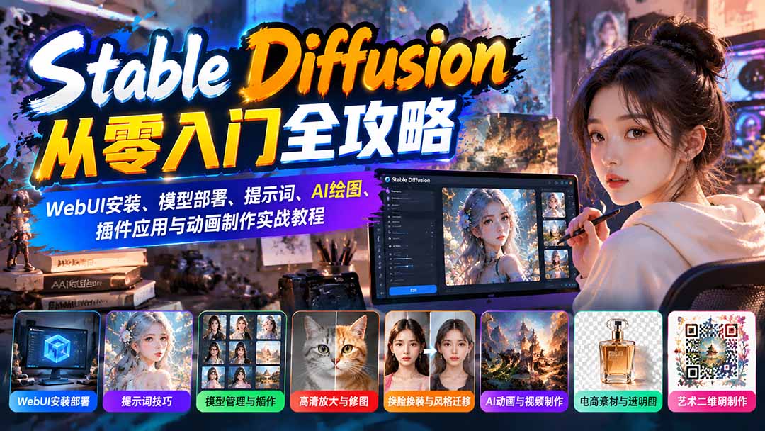 Stable Diffusion从零入门全攻略:WebUI安装、模型部署、提示词、AI绘图、插件应用与动画制作实战教程-优优云创网