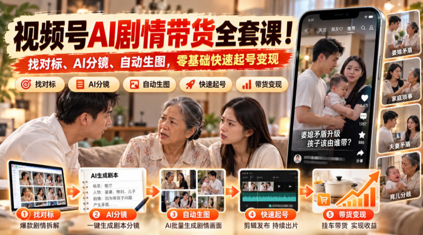 视频号AI剧情带货全套课!找对标、AI分镜、自动生图,零基础快速起号变现-优优云创网
