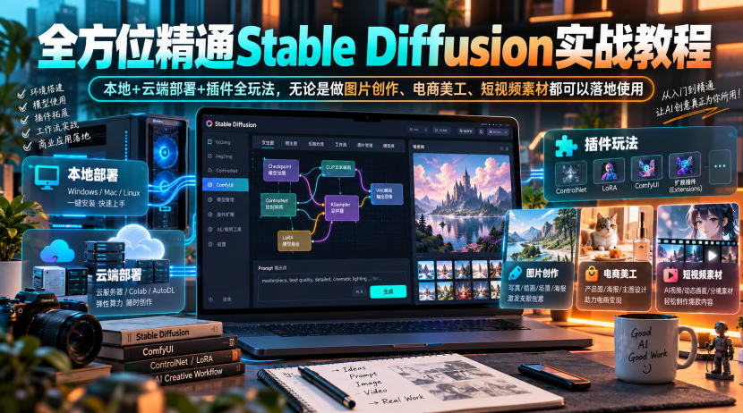 全方位精通Stable Diffusion实战教程|本地+云端部署+插件全玩法,无论是做图片创作、电商美工、短视频素材都可以落地使用-优优云创网