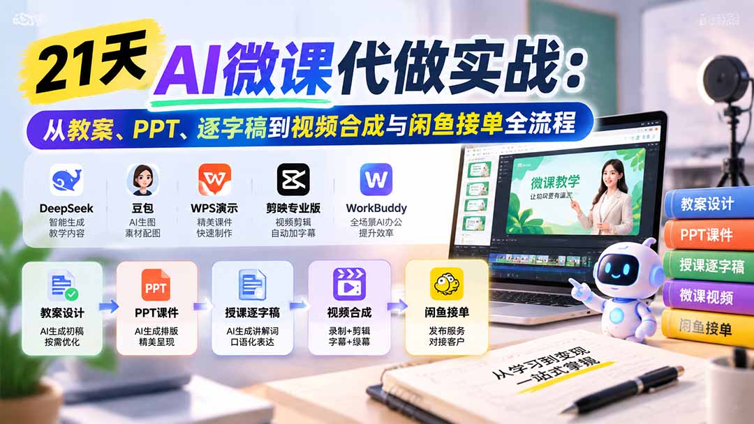 21天AI微课代做实战:从教案、PPT、逐字稿到视频合成与闲鱼接单全流程-优优云创网