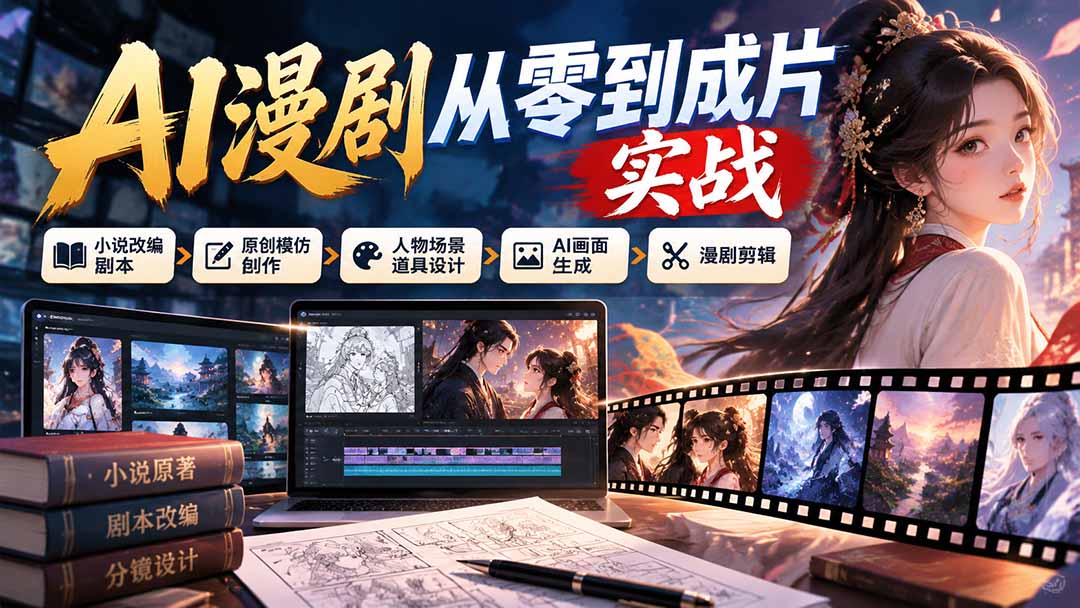 AI漫剧从零到成片实战:小说改编剧本、原创模仿创作、人物场景道具设计、AI画面生成与漫剧剪辑-优优云创网
