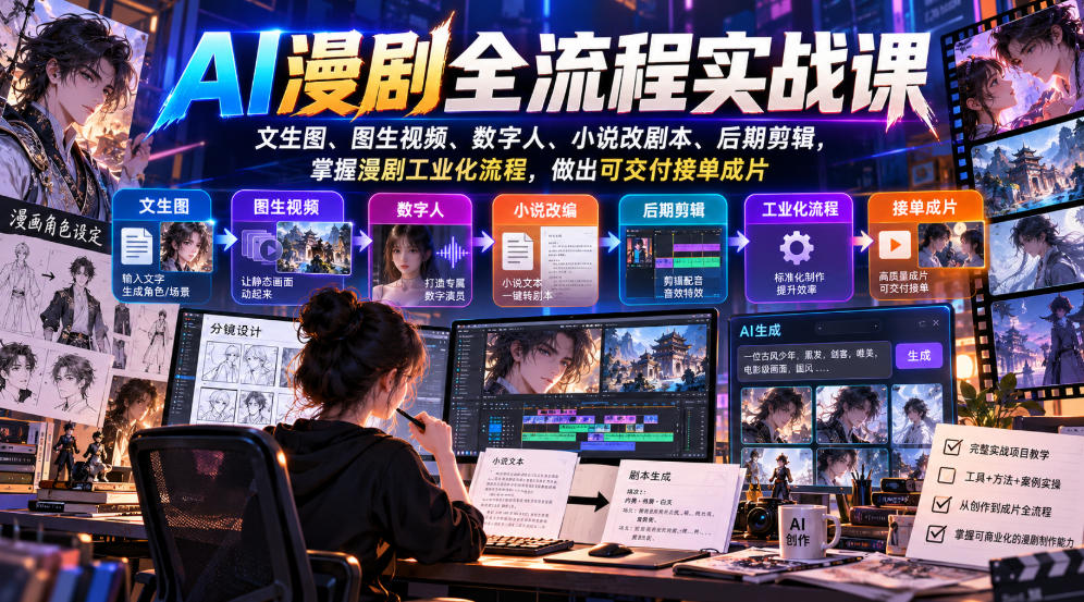 AI漫剧全流程实战课,文生图、图生视频、数字人、小说改剧本、后期剪辑,掌握漫剧工业化流程,做出可交付接单成片-优优云创网