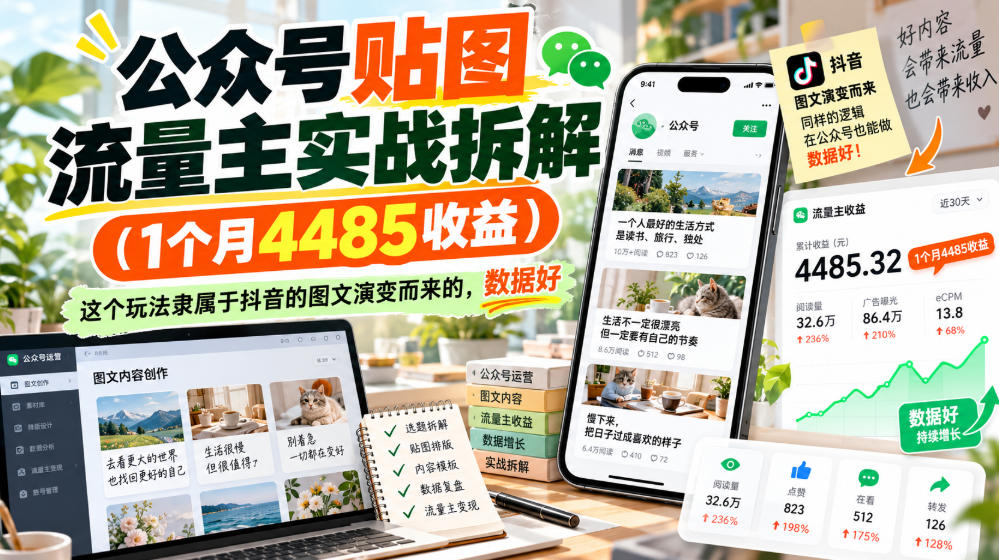 公众号贴图流量主实战拆解(1个月4485收益)，这个玩法隶属于抖音的图文演变而来的，数据好-优优云创网