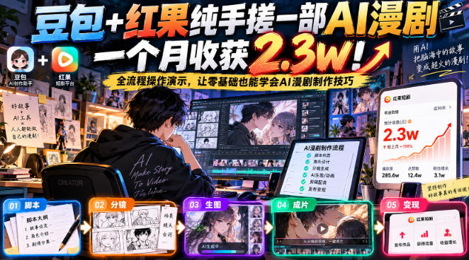 豆包+红果纯手搓一部AI漫剧一个月收获2.3w！全流程操作演示，让零基础也能学会AI漫剧制作技巧-优优云创网